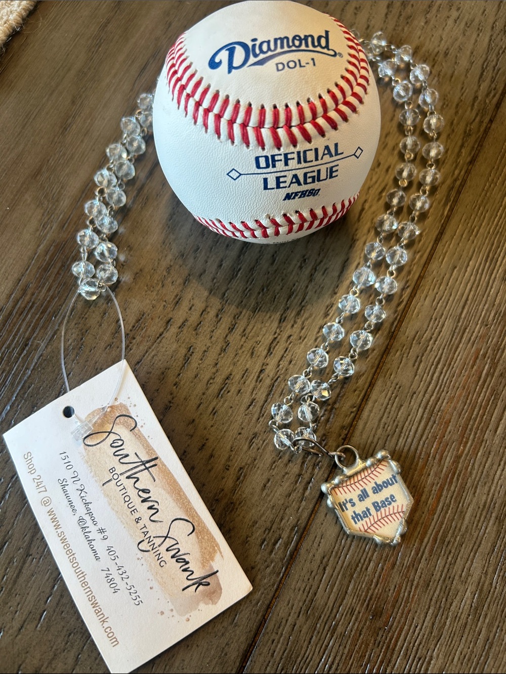 Crystal Bead Necklace w/Baseball Charm- It's All About That Base Approx. 30”